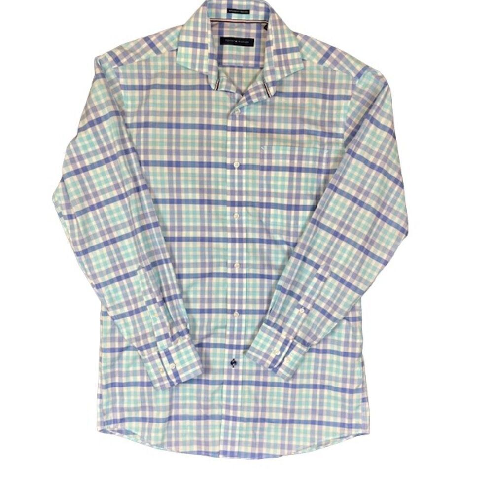 Tommy Hilfiger‎ Non Iron Regular Fit Blue White Dress Shirt Size 14 1/2 32-33